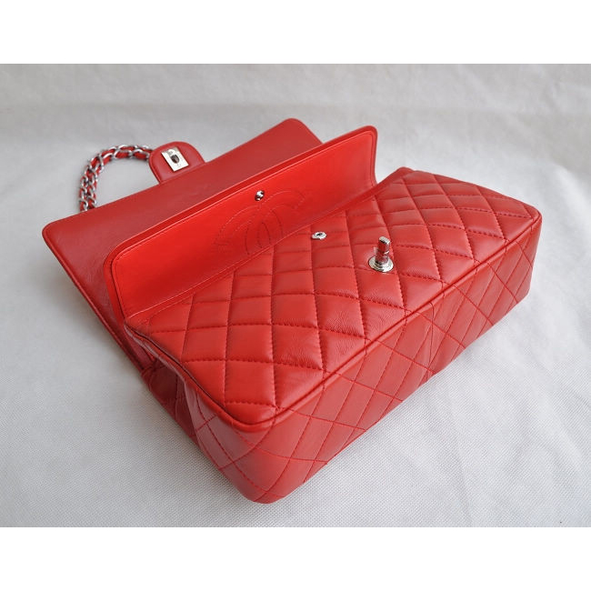 Chanel Classic Flap Bag 1113 Sheepskin leather in Red with Silver