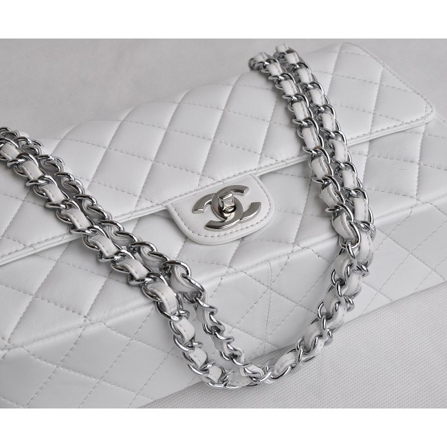 Chanel Classic Flap Bag 1113 Sheepskin leather in White with Silver