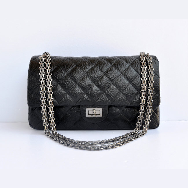 Chanel Classic Flap Bag A30226 elephantskin Black with Antique Silver chain