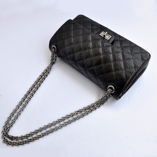 Chanel Classic Flap Bag A30226 elephantskin Black with Antique Silver chain