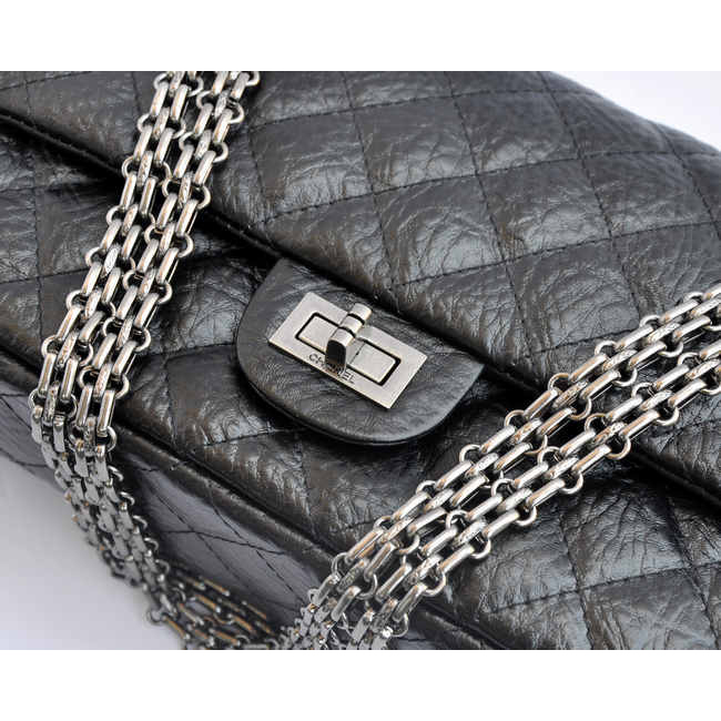 Chanel Classic Flap Bag A30226 elephantskin Black with Antique Silver chain