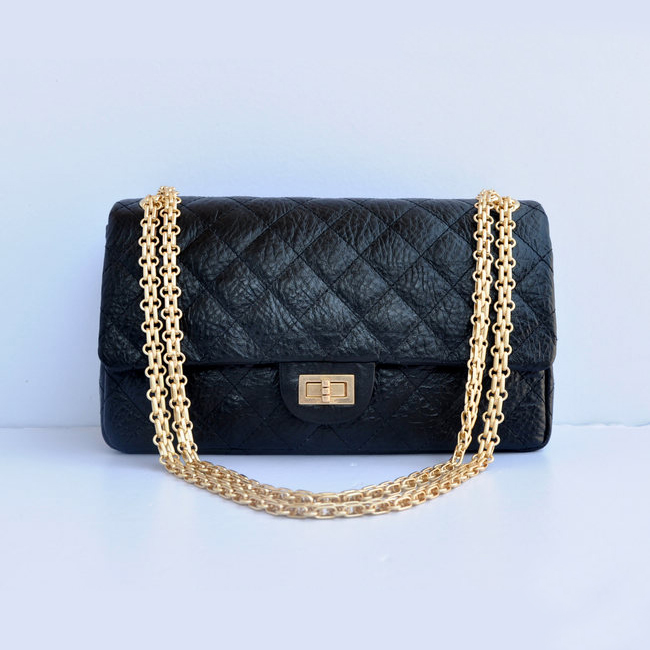 Chanel Classic Flap Bag A30226 elephantskin black with Antique Gold chain