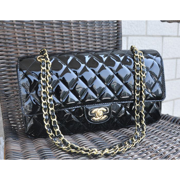 Chanel Classic Flap Bag Black Patent Leather 1113 Gold