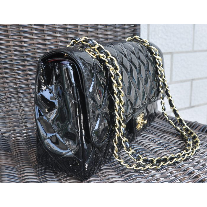 Chanel Classic Flap Bag Black Patent Leather 1113 Gold