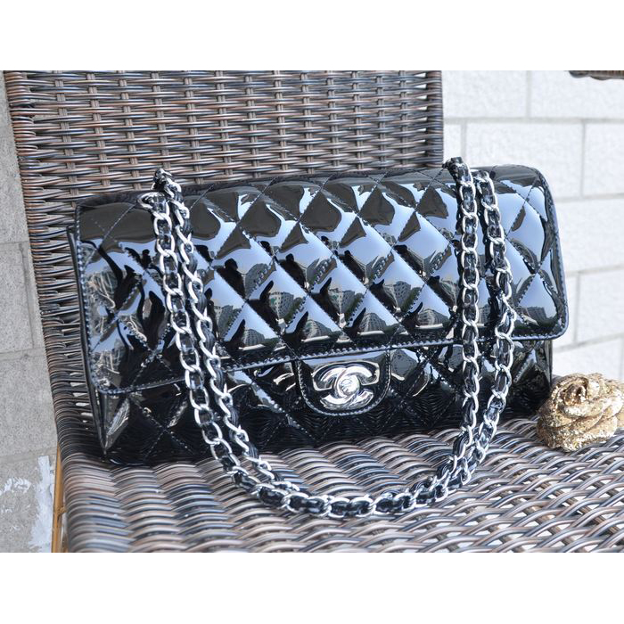 Chanel Classic Flap Bag Black Patent Leather 1113 Silver