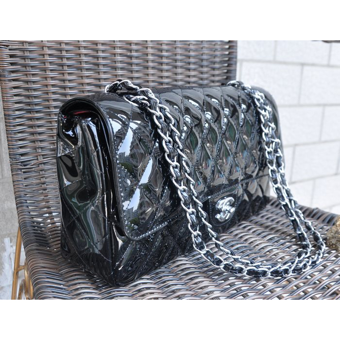 Chanel Classic Flap Bag Black Patent Leather 1113 Silver