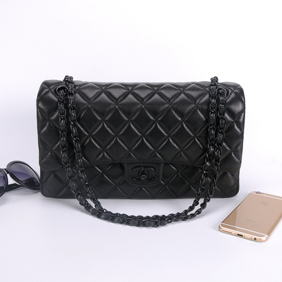 Chanel Classic Flap Bag Sheepskin Leather 1113 Black with Black Polished hardware