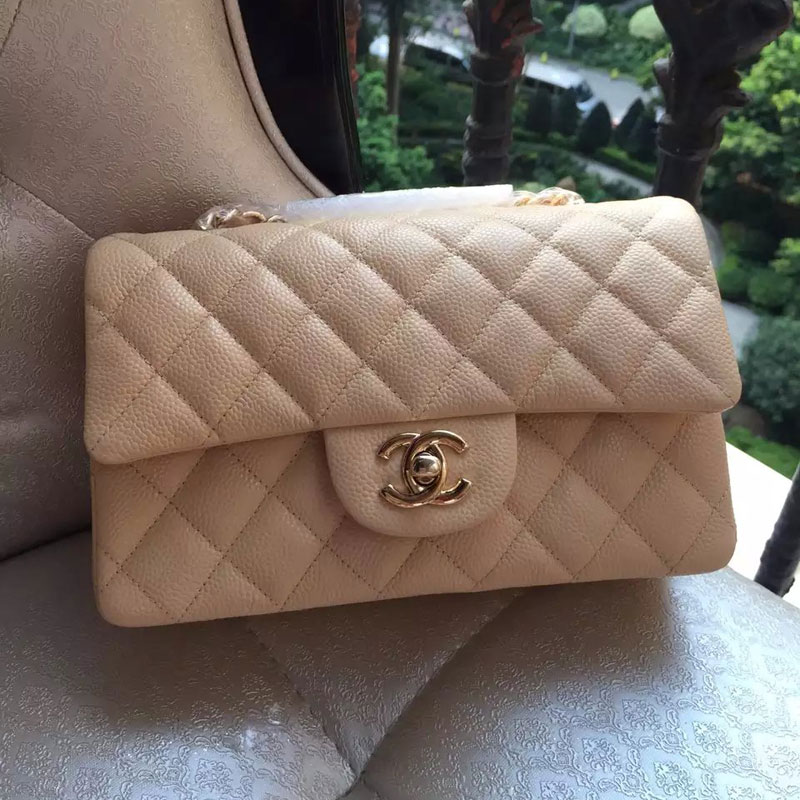 Chanel Classic Flap Bags Original Caviar Leather A1116 in Apricot with Gold