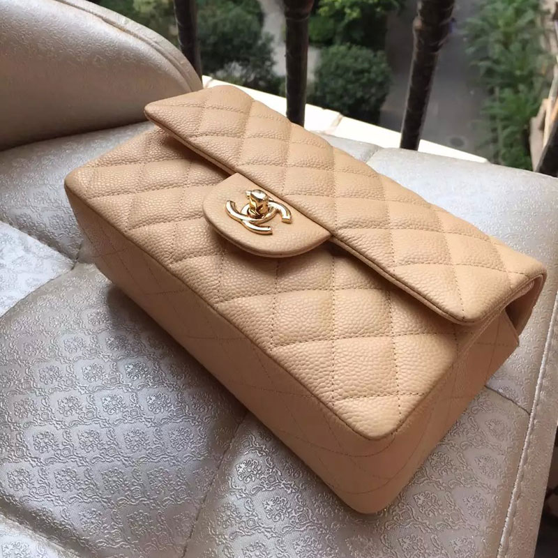 Chanel Classic Flap Bags Original Caviar Leather A1116 in Apricot with Gold