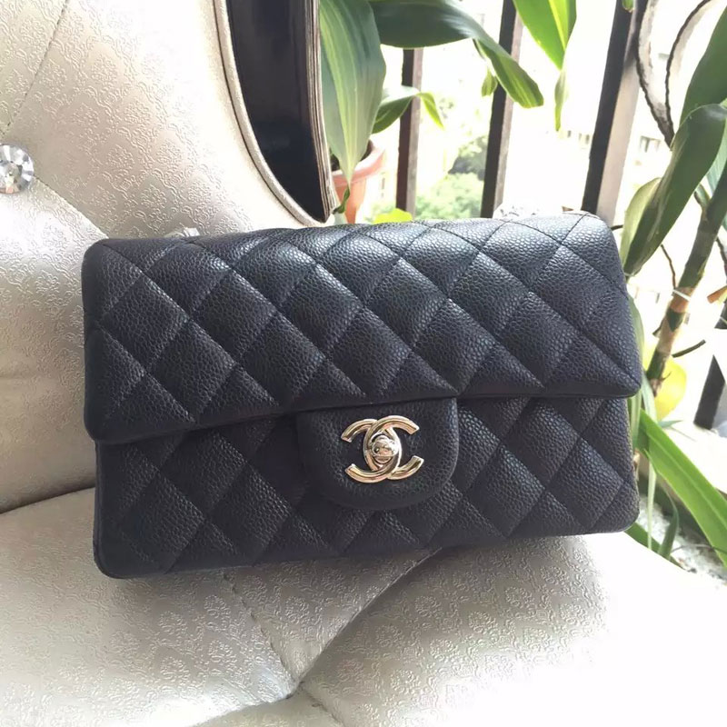 Chanel Classic Flap Bags Original Caviar Leather A1116 in Black with Silver