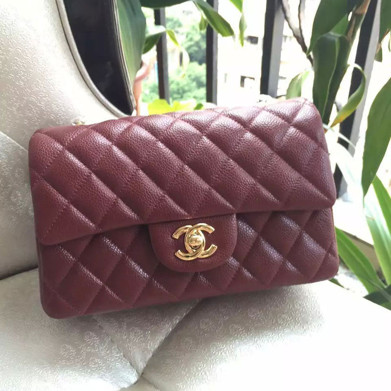 Chanel Classic Flap Bags Original Caviar Leather A1116 in Claret with Gold