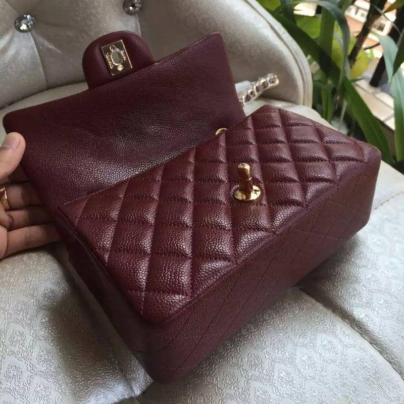 Chanel Classic Flap Bags Original Caviar Leather A1116 in Claret with Gold