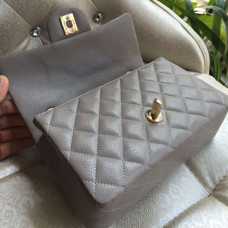 Chanel Classic Flap Bags Original Caviar Leather A1116 in Grey with Gold