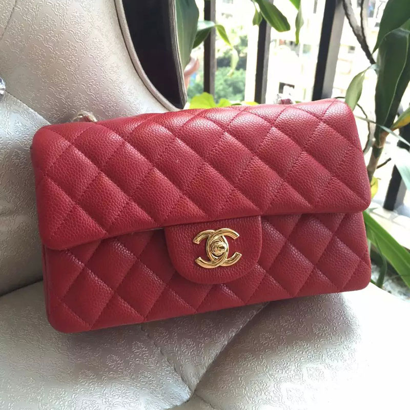 Chanel Classic Flap Bags Original Caviar Leather A1116 in Red with Gold