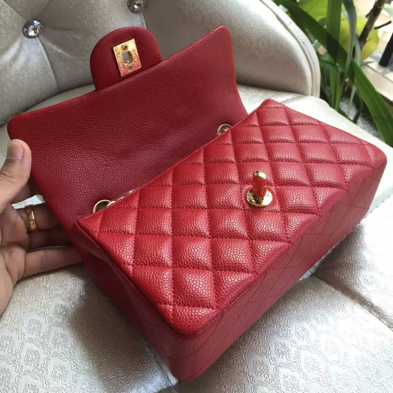 Chanel Classic Flap Bags Original Caviar Leather A1116 in Red with Gold