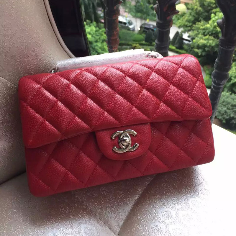 Chanel Classic Flap Bags Original Caviar Leather A1116 in Red with Silver