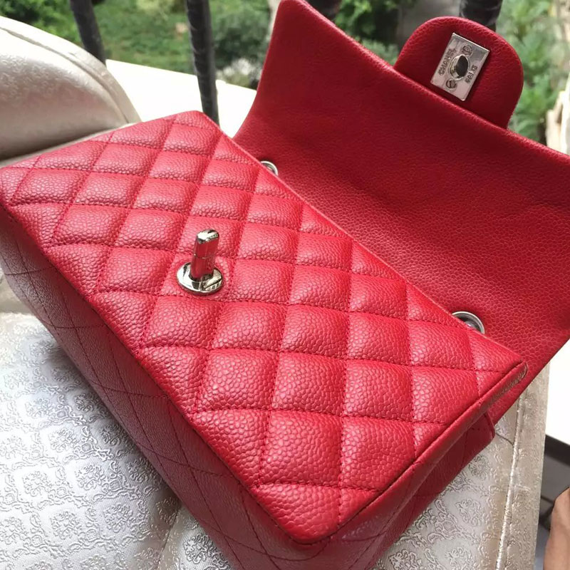 Chanel Classic Flap Bags Original Caviar Leather A1116 in Red with Silver