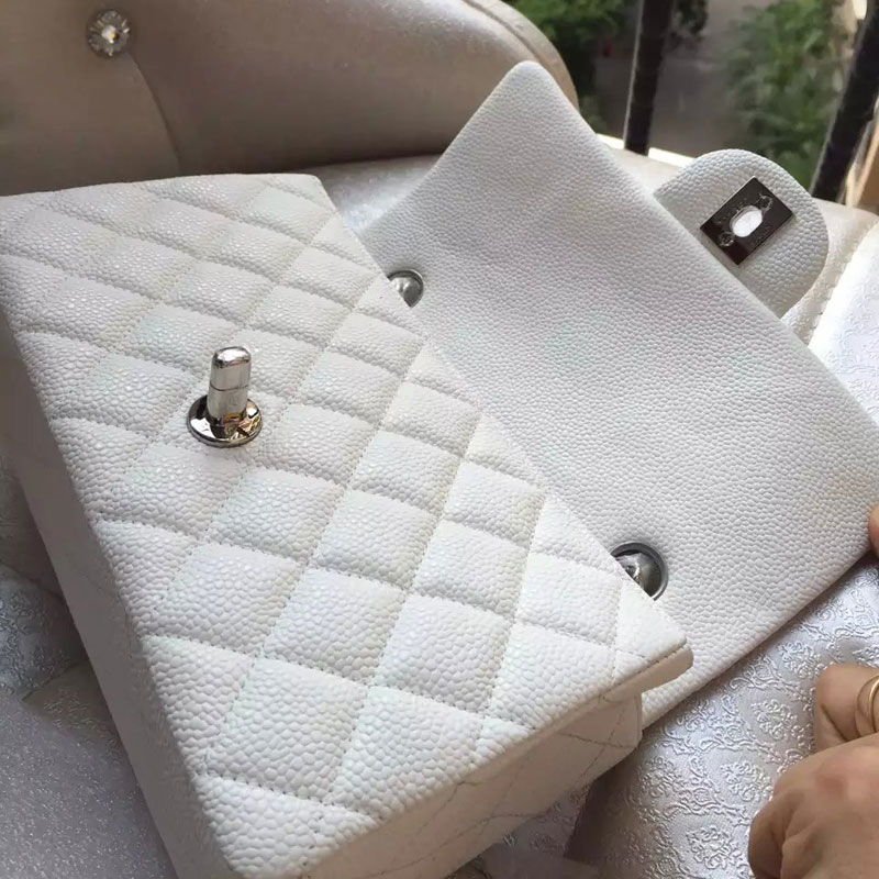 Chanel Classic Flap Bags Original Caviar Leather A1116 in white with Silver