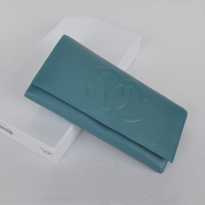 Chanel Emboss CC Logo Litchi stripes leather Bi-Fold Wallet C514 Blue