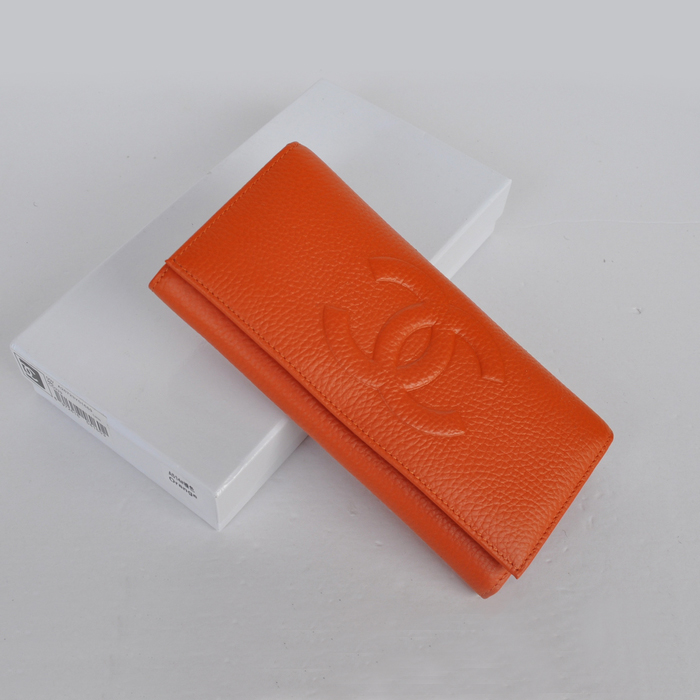 Chanel Emboss CC Logo Litchi stripes leather Bi-Fold Wallet C514 Orange