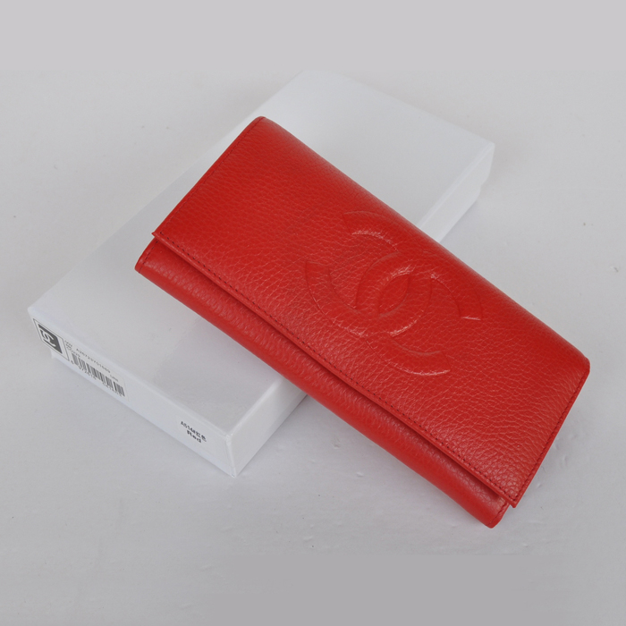 Chanel Emboss CC Logo Litchi stripes leather Bi-Fold Wallet C514 Red