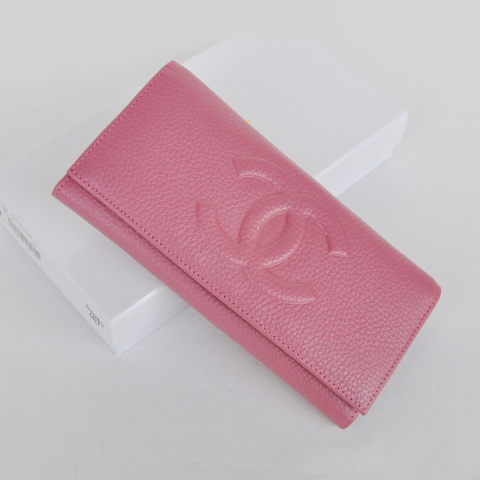 Chanel Emboss CC Logo Litchi stripes leather Bi-Fold Wallet C514 Rose