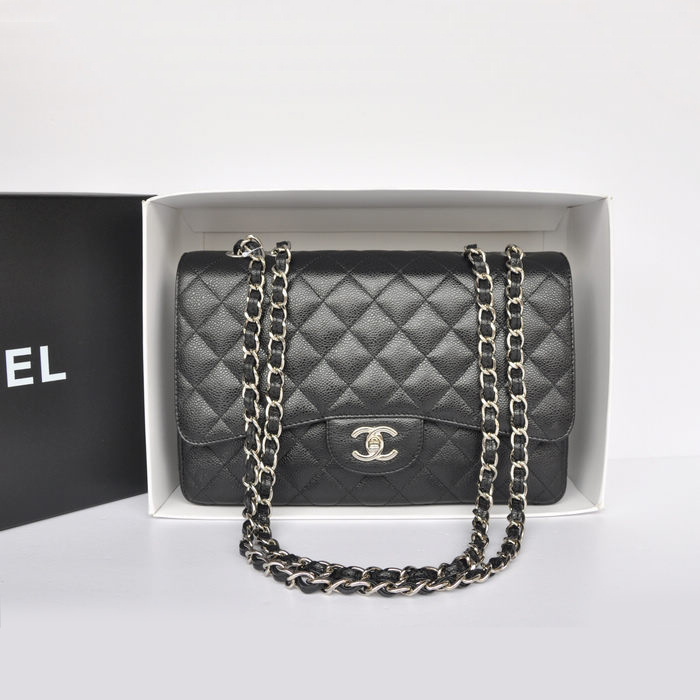 Chanel Jumbo Classic Original Caviar leather Flap Bag A36076 Black with Silver