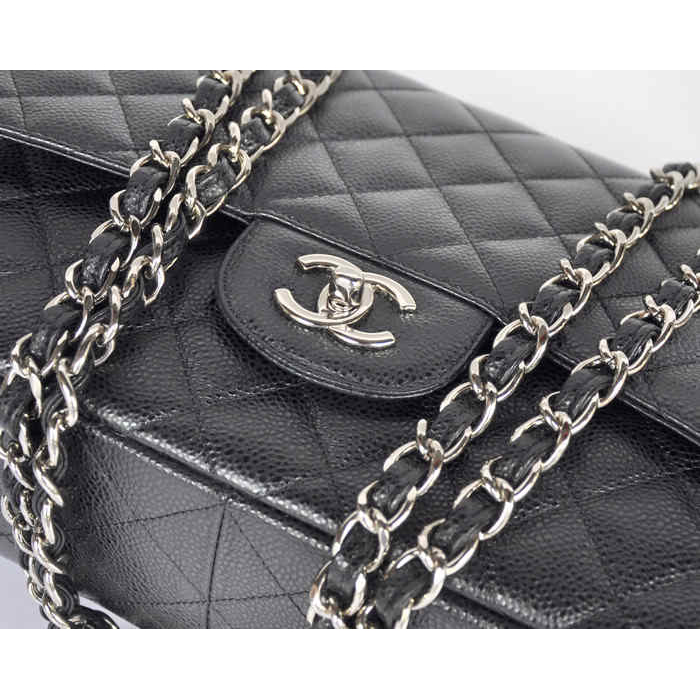 Chanel Jumbo Classic Original Caviar leather Flap Bag A36076 Black with Silver