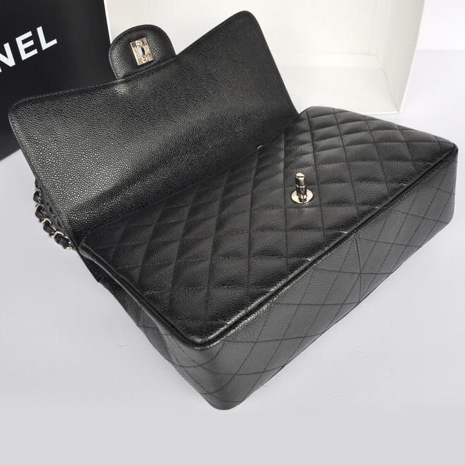 Chanel Jumbo Classic Original Caviar leather Flap Bag A36076 Black with Silver