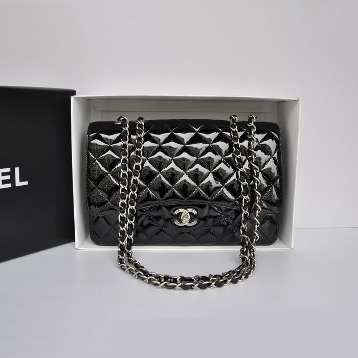 Chanel Jumbo Classic Original Patent leather Flap Bag A36076 Black with Silver