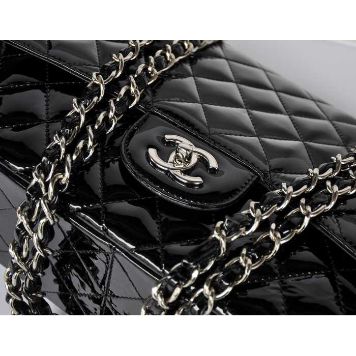 Chanel Jumbo Classic Original Patent leather Flap Bag A36076 Black with Silver