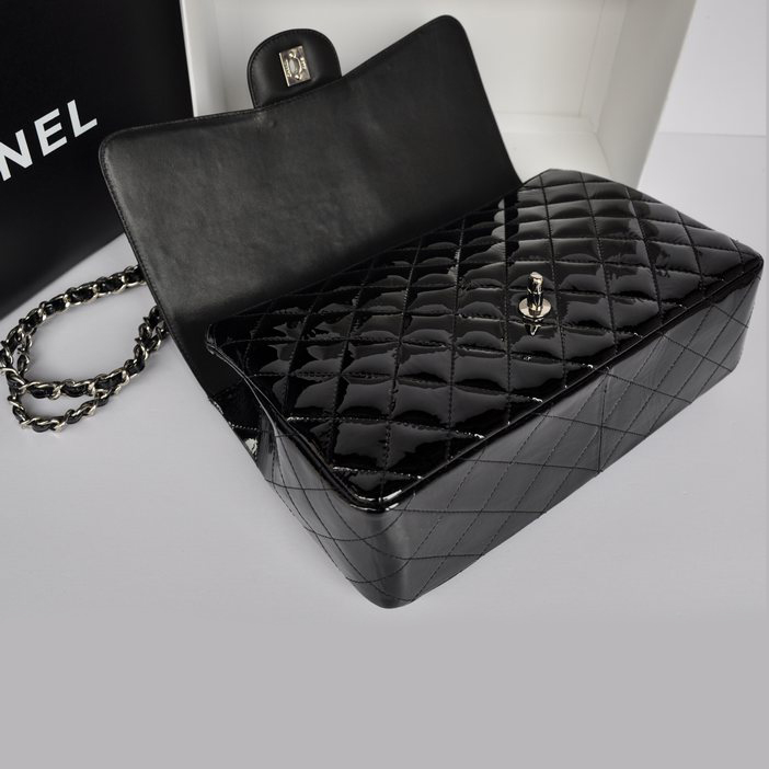 Chanel Jumbo Classic Original Patent leather Flap Bag A36076 Black with Silver