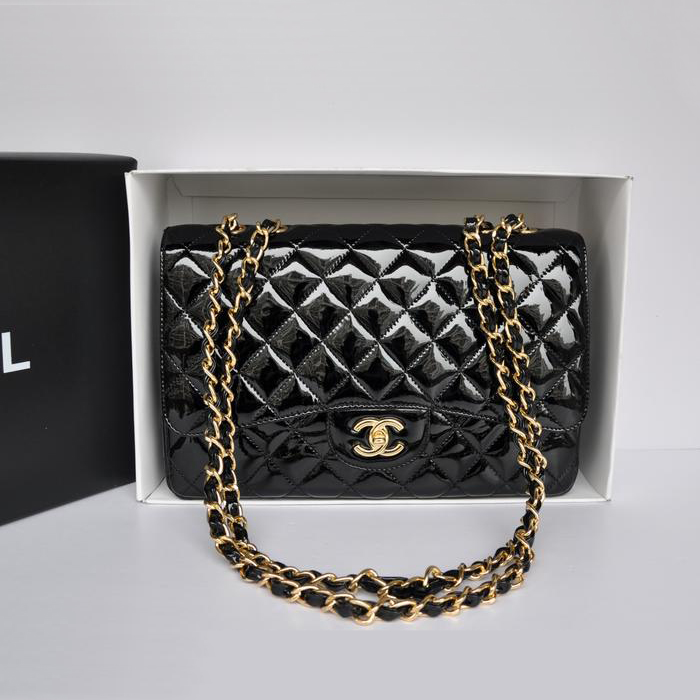 Chanel Jumbo Classic Original Patent leather Flap Bag A36076 Black with gold