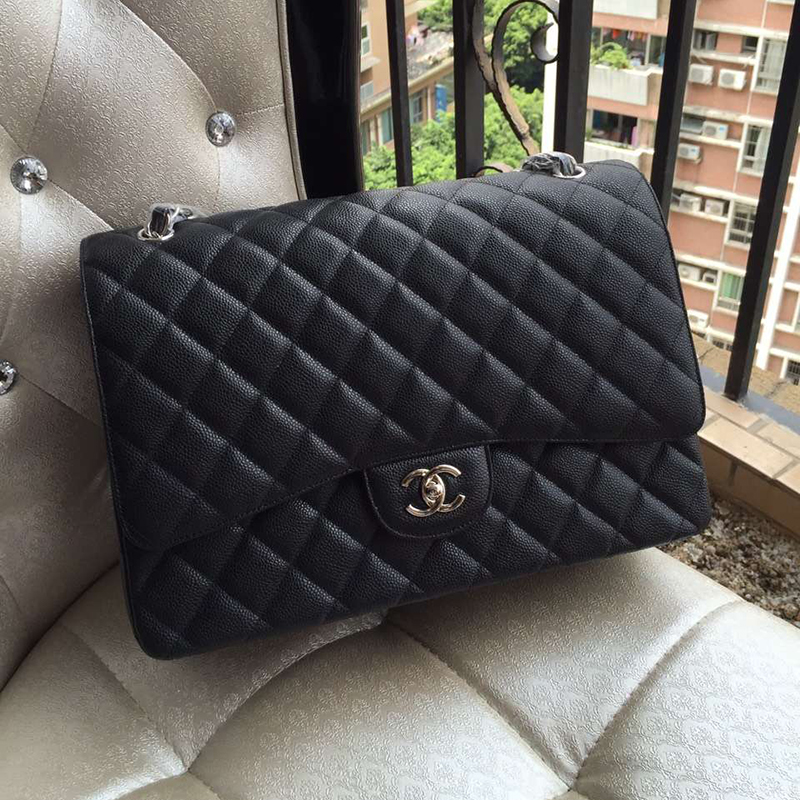 Chanel Jumbo Double Flaps Bag Black Original Caviar Leather A58601 Silver