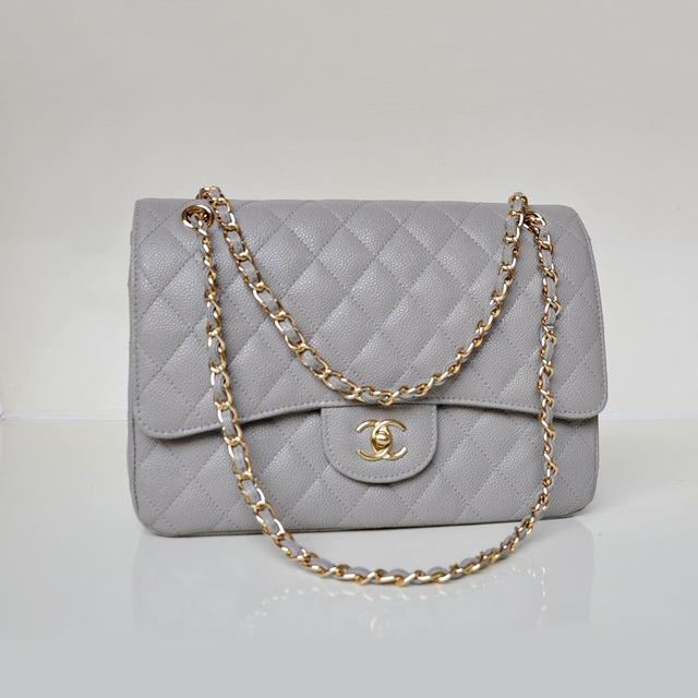 Chanel Jumbo Quilted Classic Caviar leather Flap Bag A58600 Gray in Gold