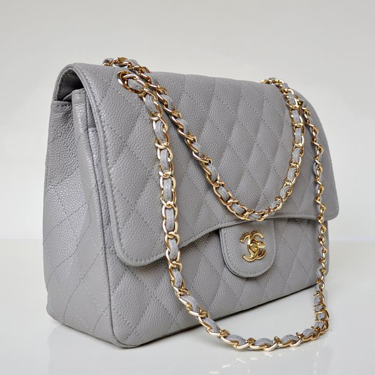 Chanel Jumbo Quilted Classic Caviar leather Flap Bag A58600 Gray in Gold