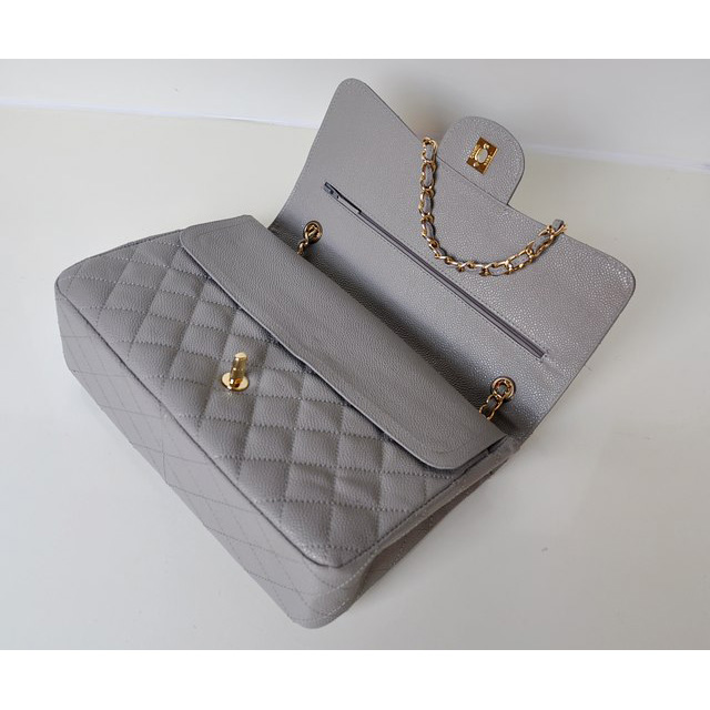 Chanel Jumbo Quilted Classic Caviar leather Flap Bag A58600 Gray in Gold