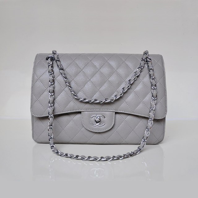 Chanel Jumbo Quilted Classic Caviar leather Flap Bag A58600 Gray in Silver