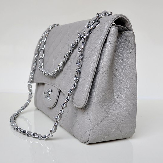 Chanel Jumbo Quilted Classic Caviar leather Flap Bag A58600 Gray in Silver