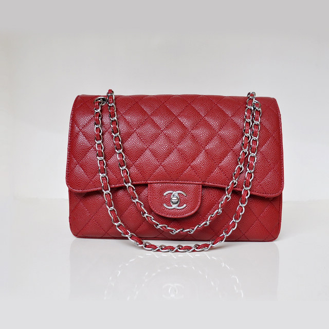 Chanel Jumbo Quilted Classic Caviar leather Flap Bag A58600 Red Silver