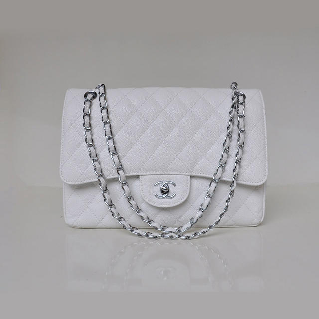 Chanel Jumbo Quilted Classic Caviar leather Flap Bag A58600 White Silver