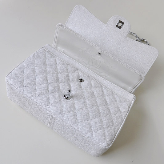 Chanel Jumbo Quilted Classic Caviar leather Flap Bag A58600 White Silver