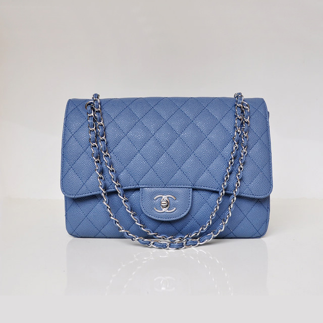 Chanel Jumbo Quilted Classic Caviar leather Flap Bag A58600 blue Silver