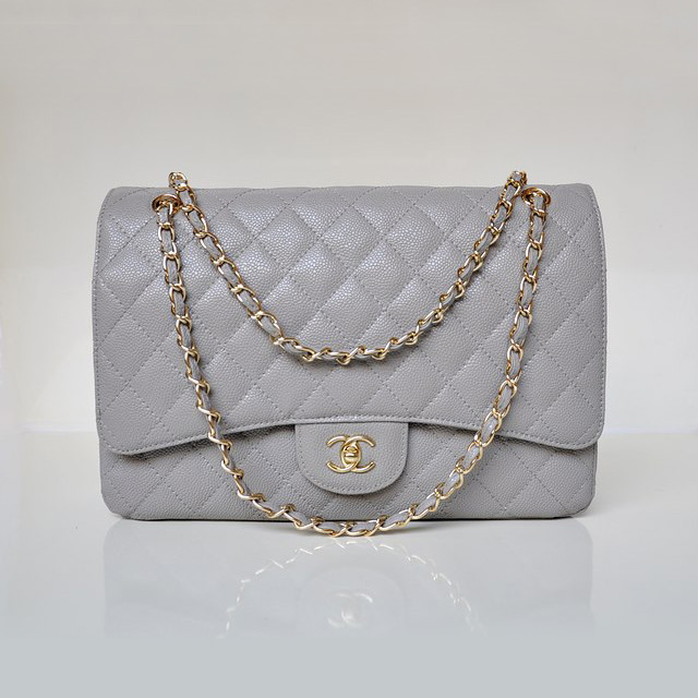 Chanel Jumbo Quilted Classic Caviar leather Flap Bag A58601 Gray in Gold