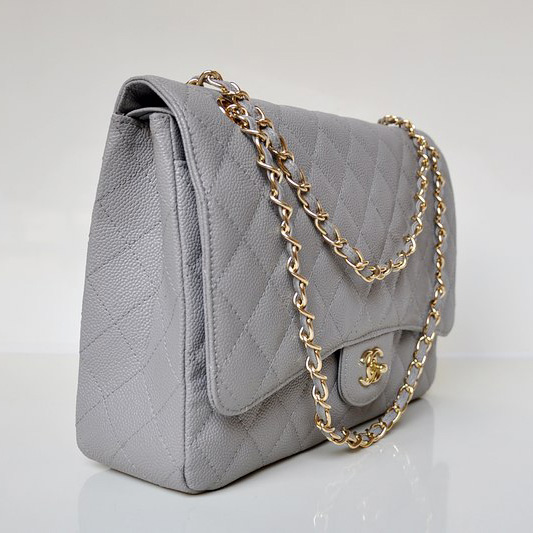 Chanel Jumbo Quilted Classic Caviar leather Flap Bag A58601 Gray in Gold