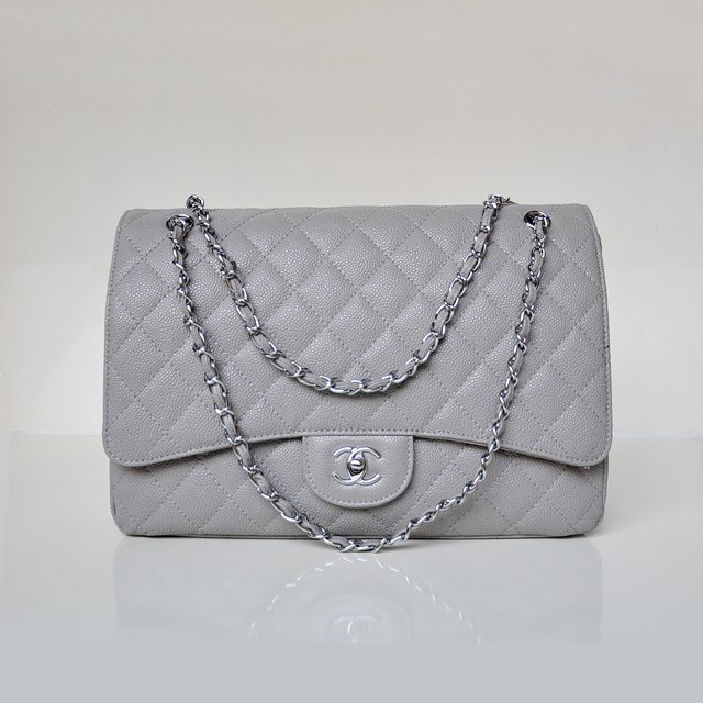 Chanel Jumbo Quilted Classic Caviar leather Flap Bag A58601 Gray in Silver