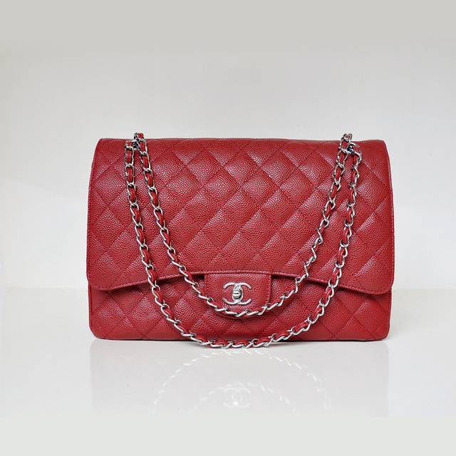 Chanel Jumbo Quilted Classic Caviar leather Flap Bag A58601 Red Silver