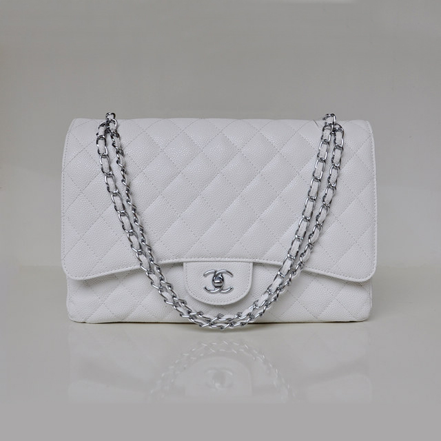 Chanel Jumbo Quilted Classic Caviar leather Flap Bag A58601 White Silver