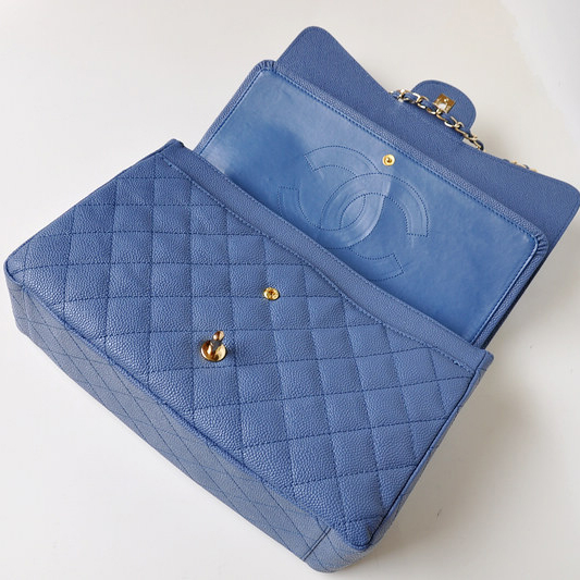 Chanel Jumbo Quilted Classic Caviar leather Flap Bag A58601 blue Gold