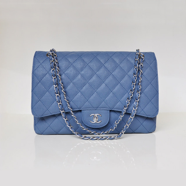 Chanel Jumbo Quilted Classic Caviar leather Flap Bag A58601 blue Silver